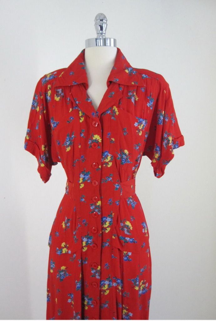 Vintage Karen Alexander 30s 40s Revival Red Rayon Flowers Day Dress 